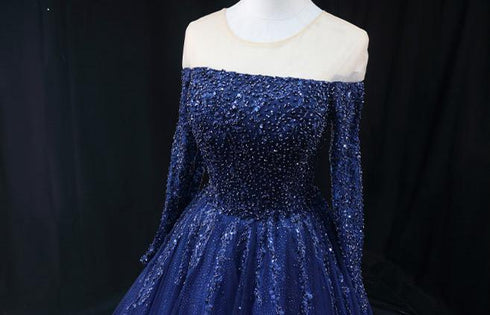 Gothic Navy Blue Off-Shoulder Wedding Dress - Designer Sequin Gown - Long Sleeve Wedding Dress Plus Size